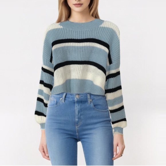 Striped Sweater in Blue Black and White, New - Picture 2 of 4